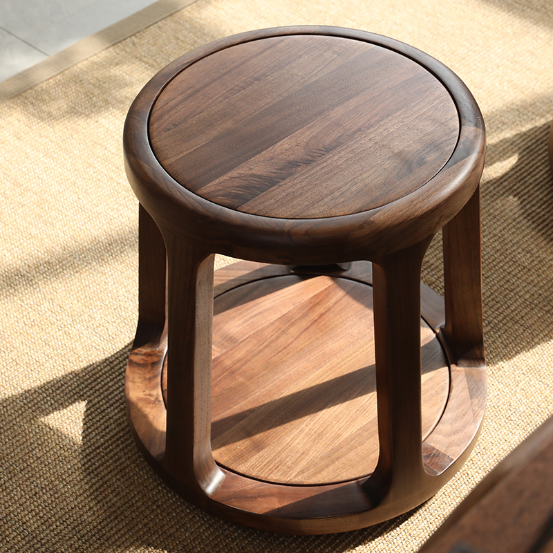 新中式鼓凳实木小凳子家用茶凳小板凳梳妆凳坐凳北美黑胡桃木圆凳