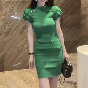 Ruffle sleeve elastic slim dress