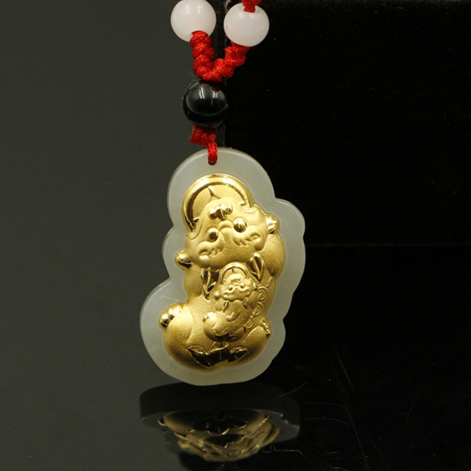 金镶玉貔貅吊坠女款 999足金_金镶玉子母貔貅吊坠男士999足金和田玉