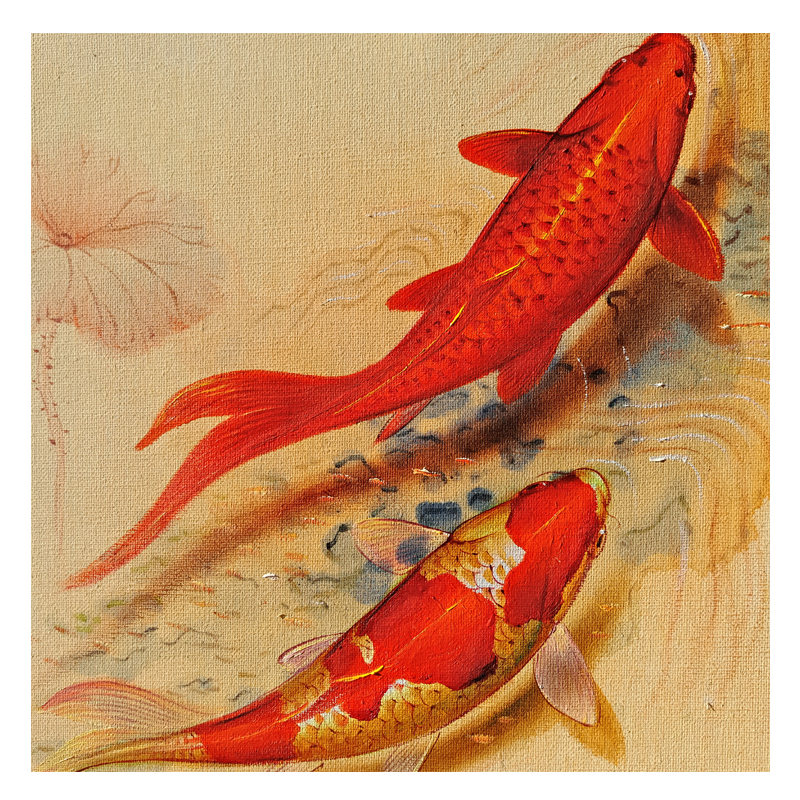 吴文健《双鱼图》画鱼名家 布面油画 丙烯