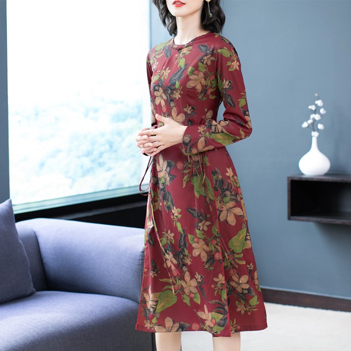 阔太太大码女装2019秋季新款香云纱印花桑蚕丝长袖气质真丝连衣裙