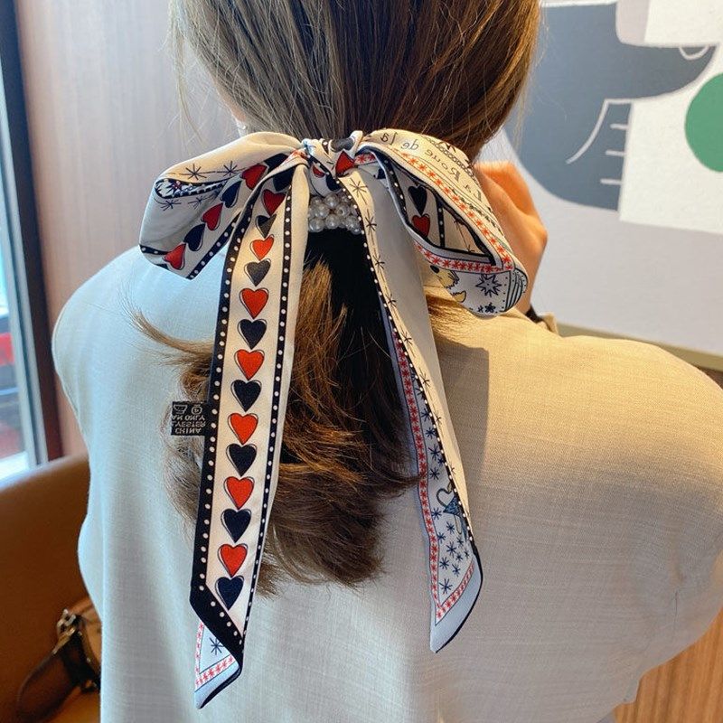 网红丝巾发带头绳女新款绑发飘带法式珍珠发圈韩版扎头发皮筋头饰