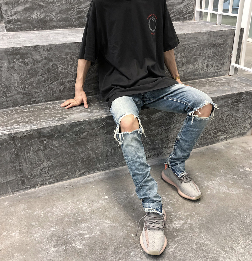 fog风格欧美高街膝盖破洞水洗做旧牛仔裤ins潮修身小脚拉链牛仔裤