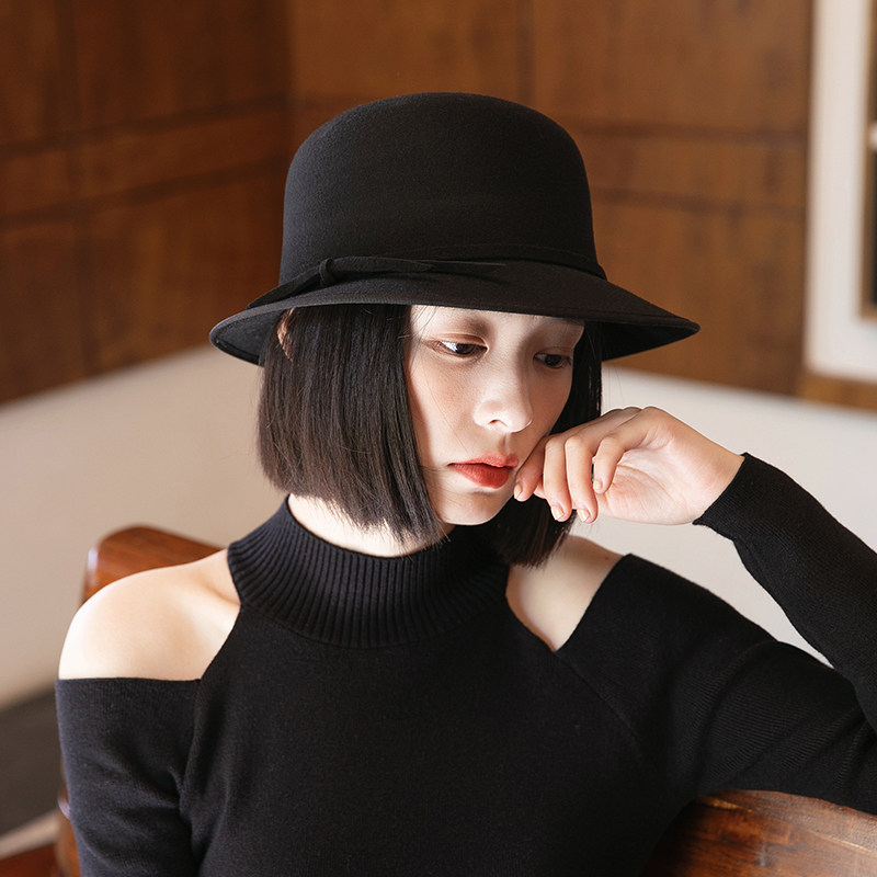 mauropoli旗舰店的优惠券大全—黑色礼帽女秋冬英伦复古羊毛呢毡帽盆