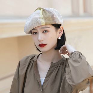 贝雷帽女夏季新款日系针织画家帽薄款网纱镂空蓓蕾帽时尚女款帽子