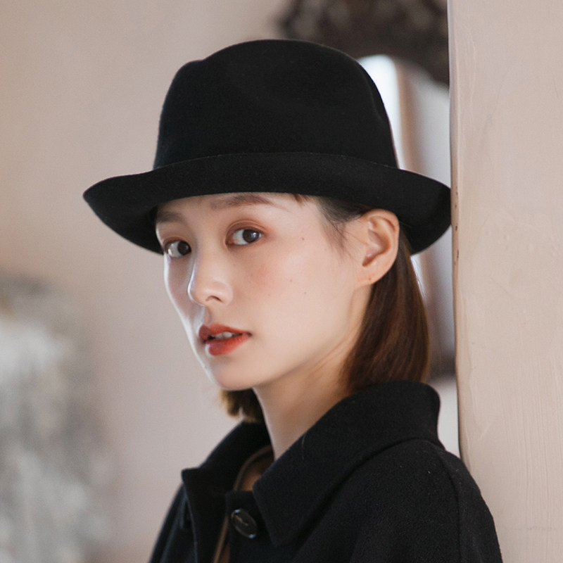 黑色礼帽女超薄款可折叠复古英伦羊毛呢毡帽韩版百搭卷边巴拿马帽