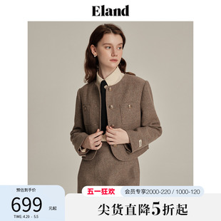 Eland衣恋西装女美拉德撞色拼接挺阔小香风圆领短款外套春夏