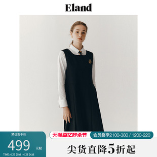 Eland衣恋连衣裙女中长款学院风方领无袖过膝裙子女春季新款