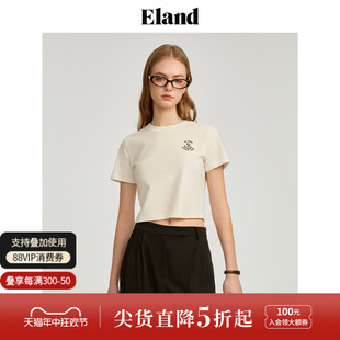 Eland衣恋短款修身T恤女美式休闲风圆领百搭短袖上衣2024夏季新款