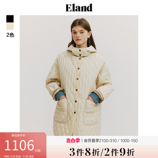 Eland衣恋棉服女老钱风宽松廓型时尚菱格连帽外套2024春季新款