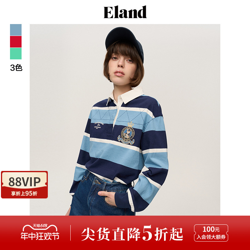 Eland衣恋长袖T恤女条纹pol