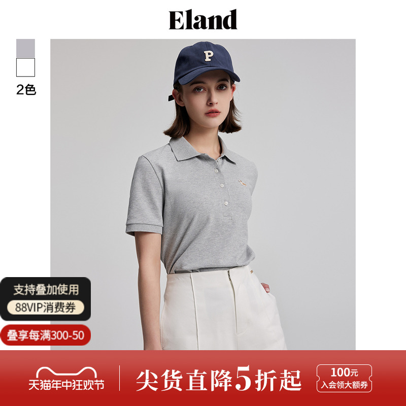 Eland衣恋短袖T恤女polo领立体刺绣翻领基础学院风格雷系