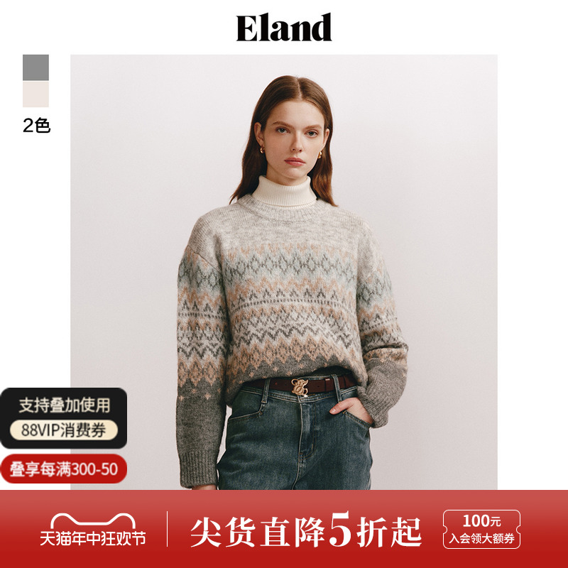 Eland衣恋圆领毛衣女宽松加厚朦