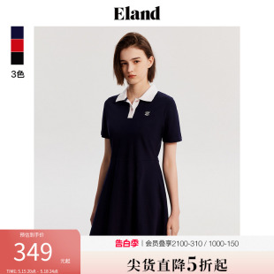 Eland衣恋短袖连衣裙女学院风撞色polo领修身显瘦裙子夏季