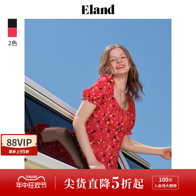 Eland衣恋方领连衣裙女甜美性感