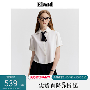 Eland衣恋白色短袖衬衫女蝴蝶结领带雪纺衫上衣2024夏季新款