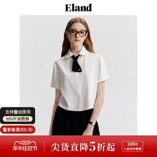 Eland衣恋白色短袖衬衫女蝴蝶结领带雪纺衫上衣2024夏季新款