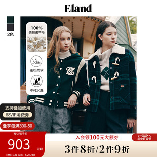 Eland衣恋毛呢夹克女羊毛学院风连帽短款棒球服外套冬