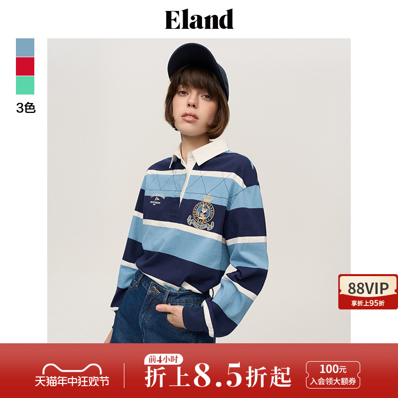 Eland衣恋长袖T恤女条纹pol