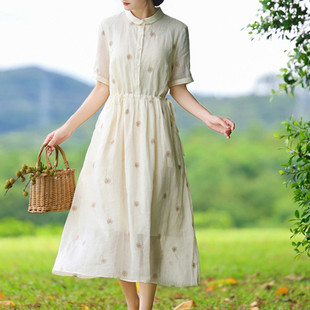 夏季新品高端刺绣苎麻连衣裙翻领系带收腰五分袖中长款裙子有内衬