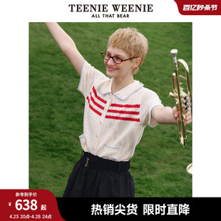 TeenieWeenie小熊2024年夏季新款镂空短袖条纹针织开衫薄款时尚女