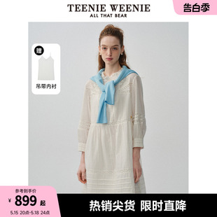 TeenieWeenie小熊女装2024春夏新款设计感法式绣花蕾丝长袖连衣裙