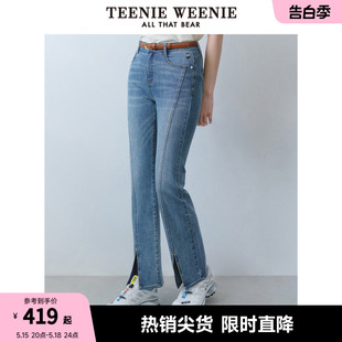 TeenieWeenie小熊女装2024年夏季新款高腰微喇牛仔裤开叉设计感女