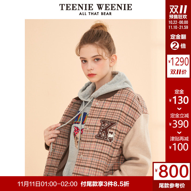 【预售】TeenieWeenie小熊2019冬新款女装格纹棒球服毛呢外套短款