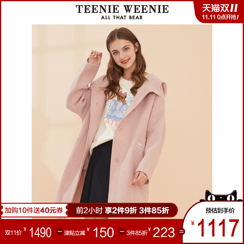 TeenieWeenie小熊2019冬季新款女装连帽毛呢大衣中长款呢子外套