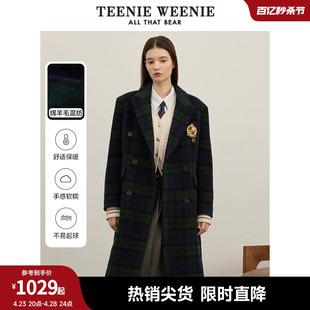 TeenieWeenie小熊秋冬中长款绵羊毛呢大衣藏青色呢子外套女装