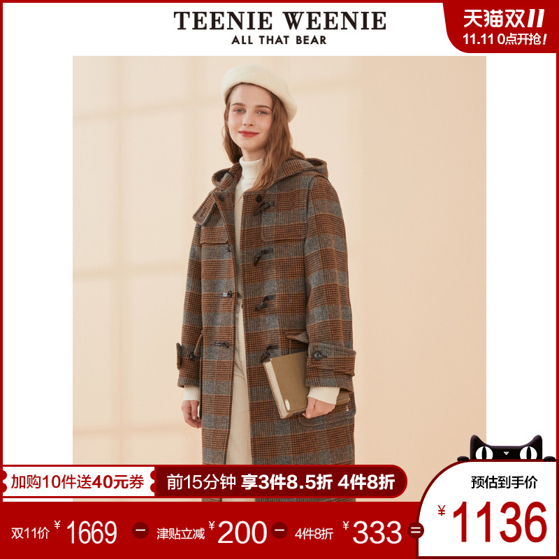 TeenieWeenie小熊2019冬季新款女装格纹线条格子毛呢外套女中长款
