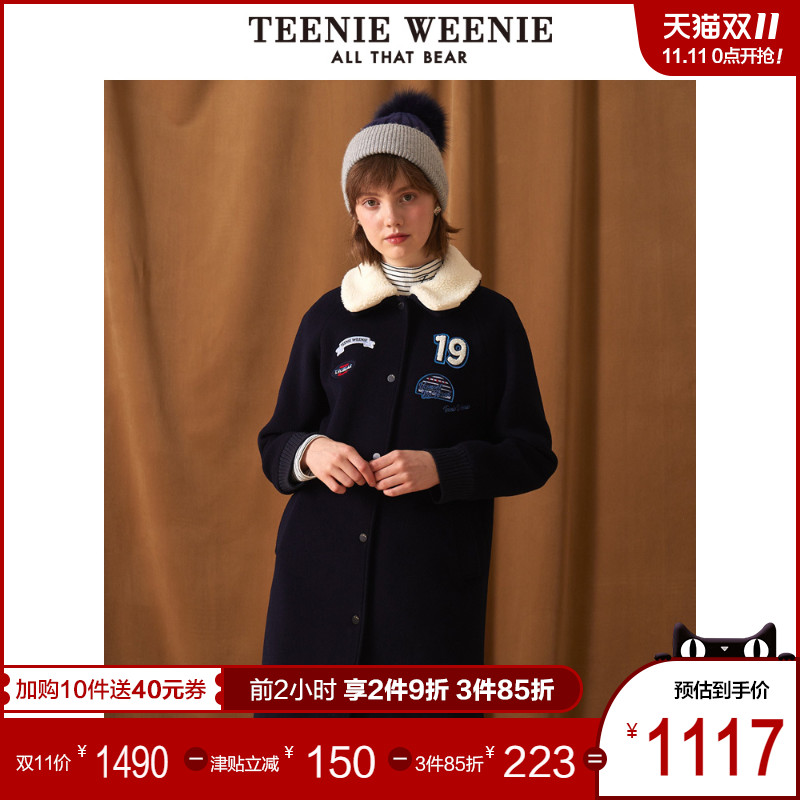 TeenieWeenie小熊2019冬季新款女装字母数字毛呢大衣韩版呢子外套