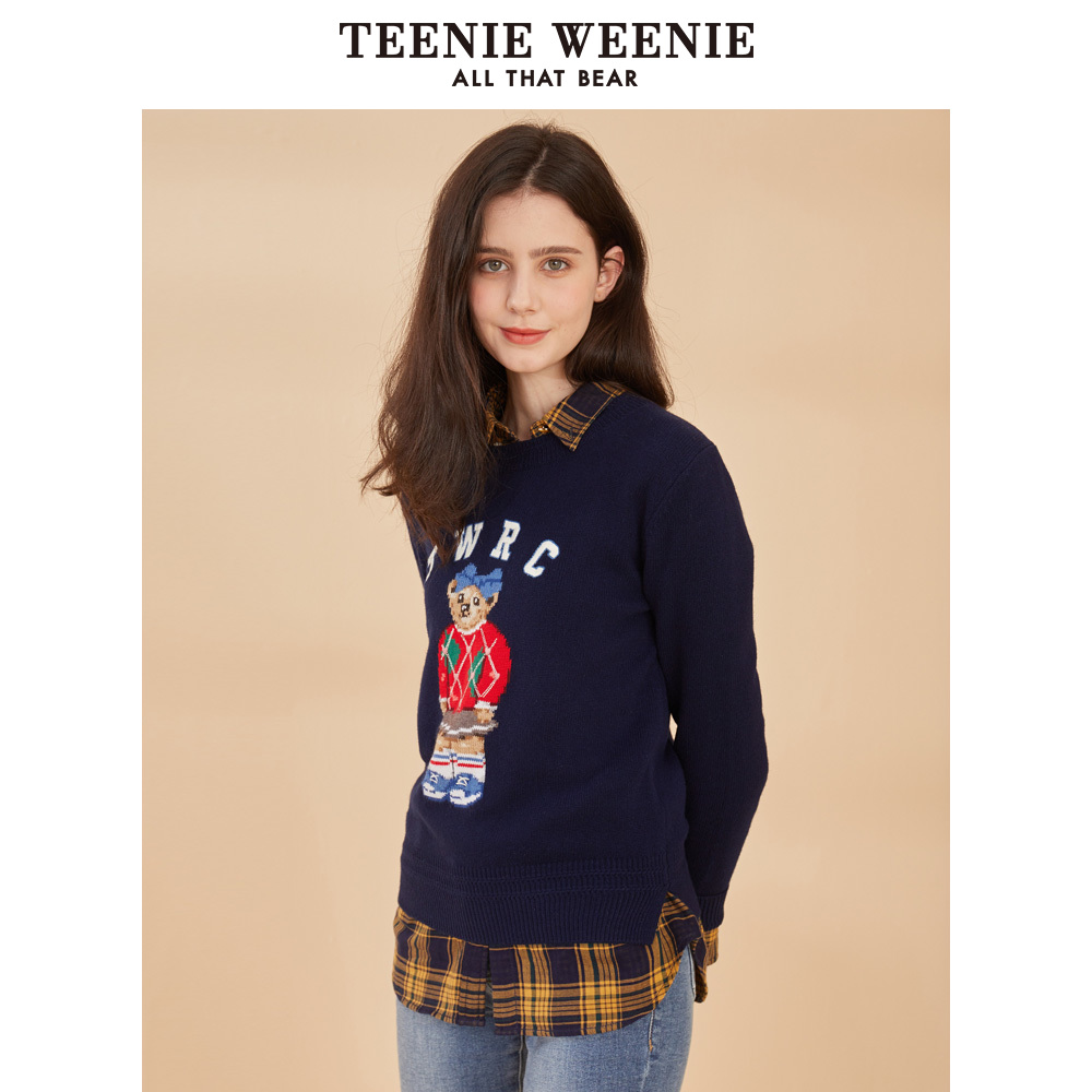 TeenieWeenie小熊2019冬季新款女装字母针织衫套头毛衣短款毛衣