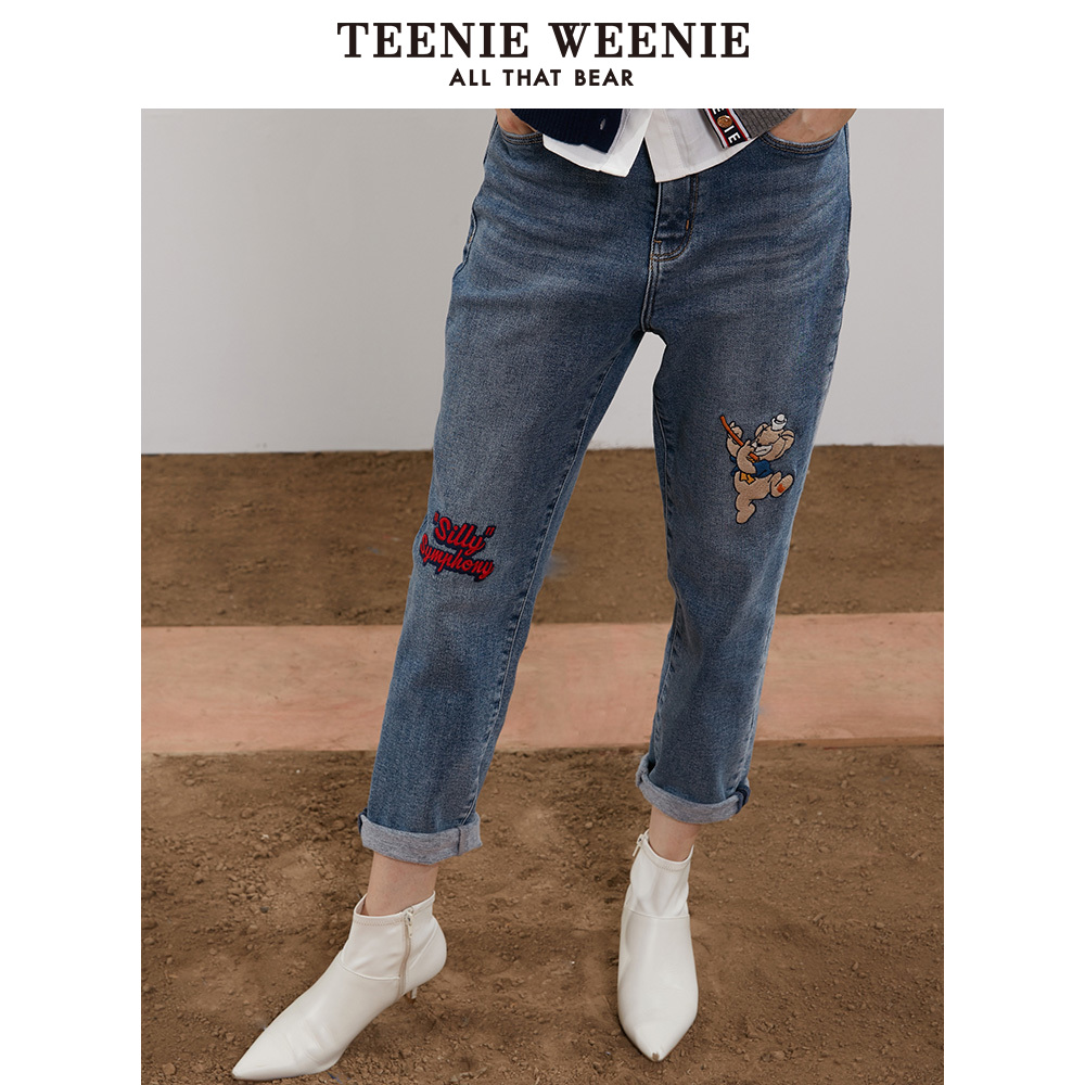 TeenieWeenie小熊2019冬季新款女装字母小熊牛仔裤韩版宽松bf风