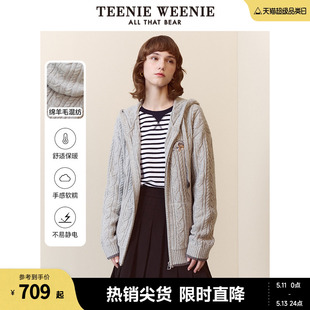 TeenieWeenie小熊春装宽松绵羊毛混纺连帽针织开衫外套女