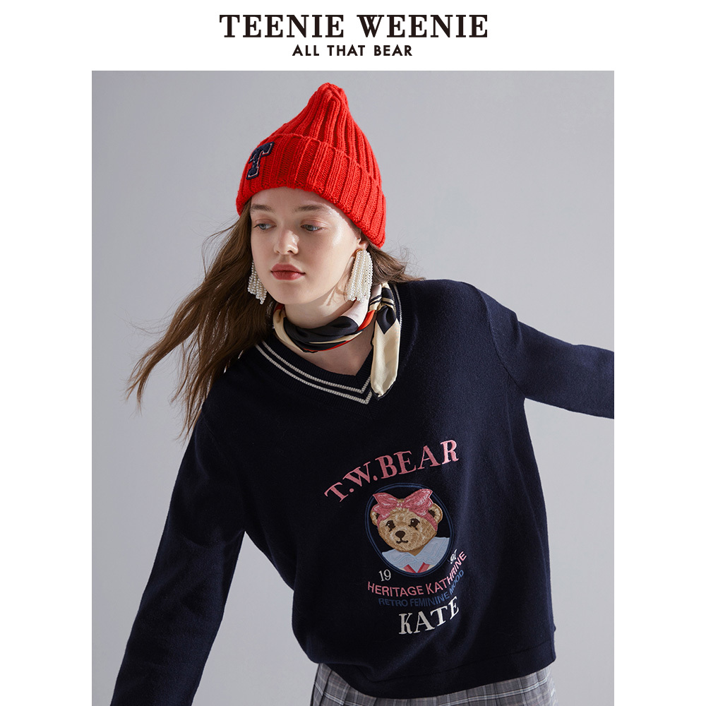 TeenieWeenie小熊2019冬季新款女装字母V领针织衫套头短款毛衣