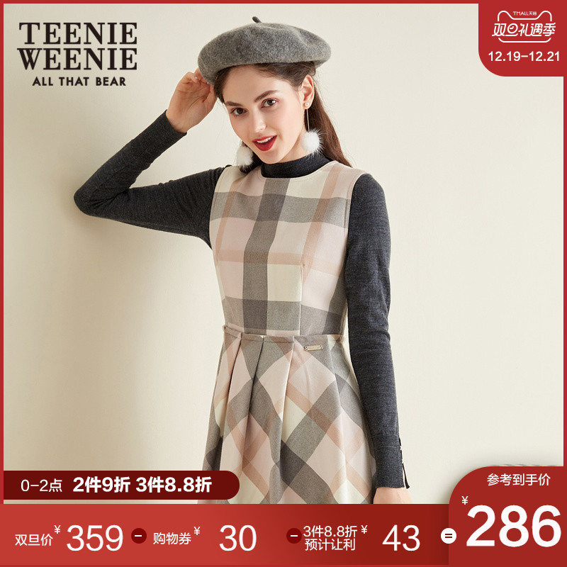 Teenie Weenie小熊女装秋冬款无袖格子连衣裙中长款圆领裙子