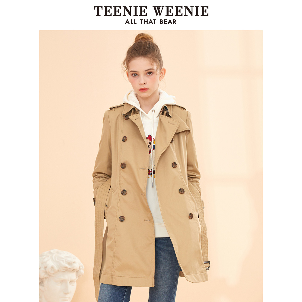 TeenieWeenie小熊2019冬季新款女装简约版型双排扣风衣中长款外套