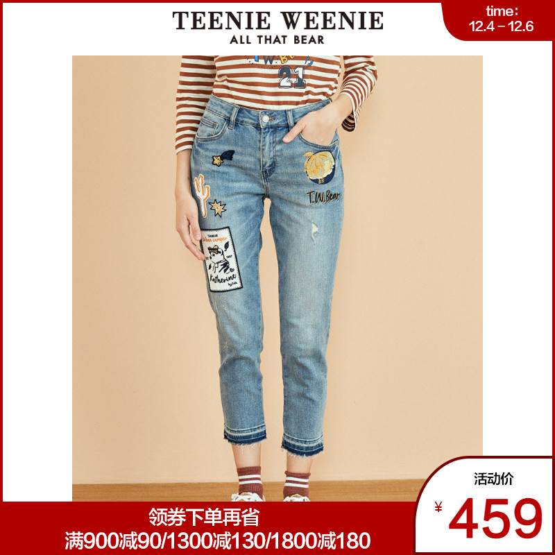 TeenieWeenie小熊2019秋季新款女装贴图补丁直筒毛边裤脚牛仔裤