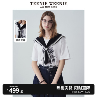 TeenieWeenie小熊2024年夏季新款学院风海军领短袖T恤白色短款女