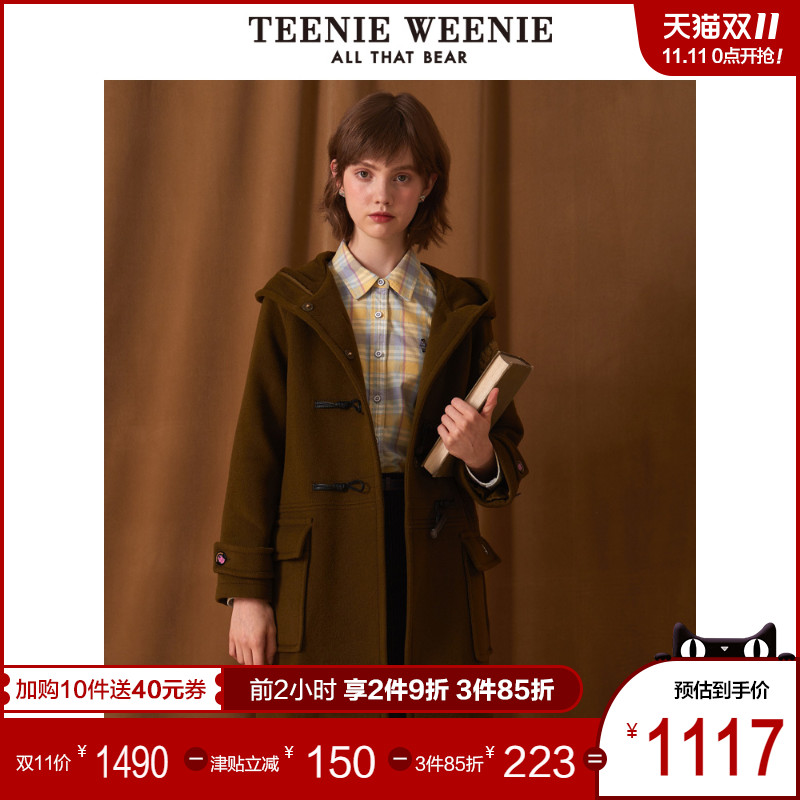 TeenieWeenie小熊2019冬季新款女装牛角扣毛呢大衣中长款呢子外套