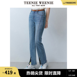 TeenieWeenie小熊女装2024年夏季新款高腰微喇牛仔裤开叉设计感女