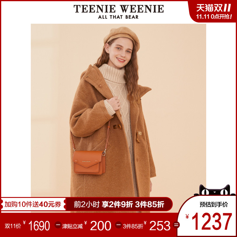 TeenieWeenie小熊2019冬季新款女装连帽毛呢大衣中长款呢子外套潮