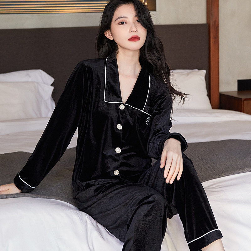 法式睡衣女金丝绒2022年新款高级感秋冬黑色开衫小翻领家居服套装