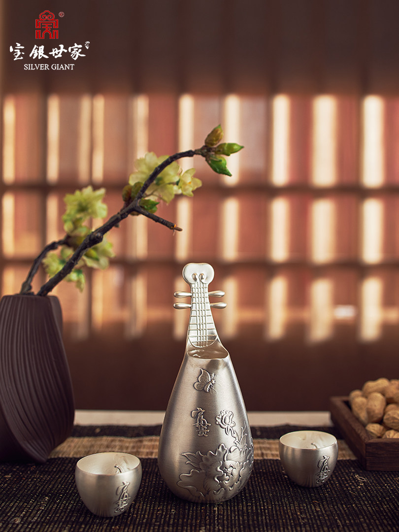 琵琶银酒壶 纯银999手工银酒杯 琵琶银酒具套装酒具银器带证书