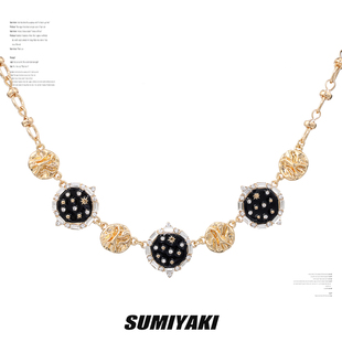 SUMIYAKI原创设计高级黑金纽扣项链锁骨链女复古轻奢小众锁骨链