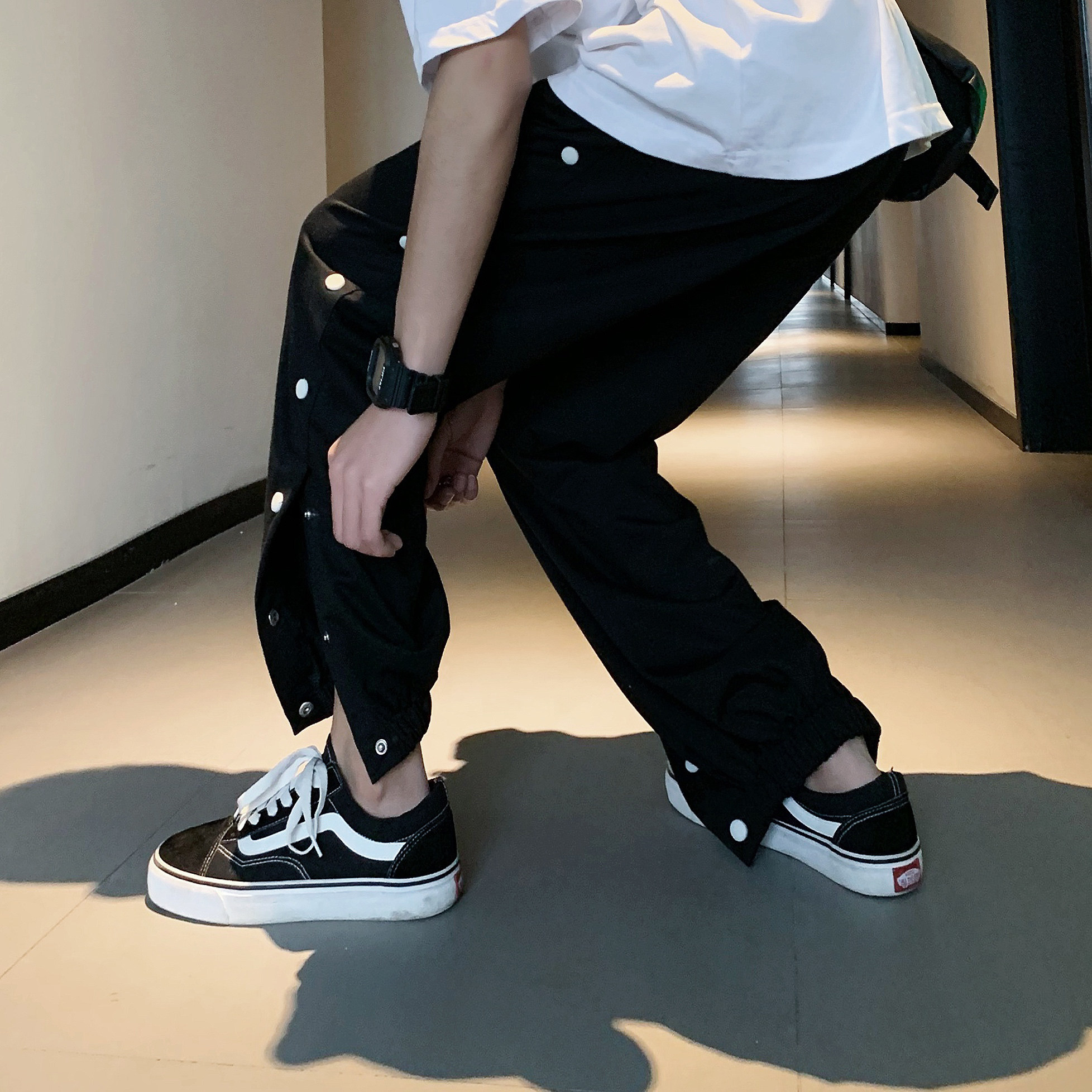 潮牌卫裤排扣裤运动裤男宽松休闲裤侧开纽扣篮球束脚裤9分裤