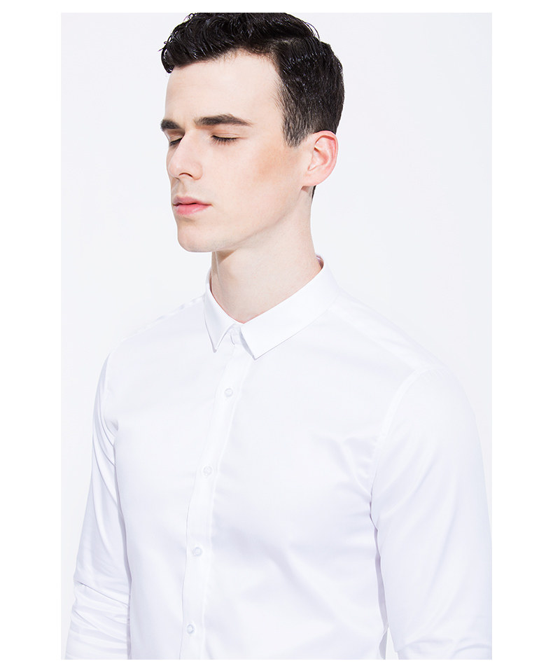 依乐海热卖男士修身小方领白色长袖衬衫纯棉韩版休闲衬衣免烫