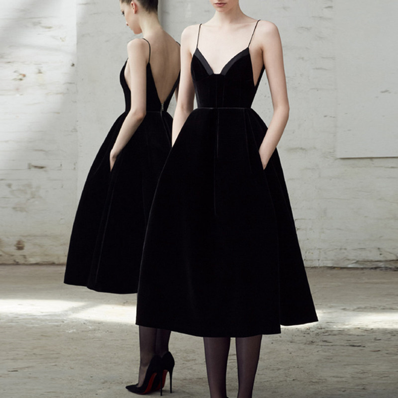 黑色吊带晚礼服深v领 年会小礼服裙派对名媛晚宴酒会主持修身显瘦