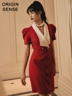 知觉之门小众设计法式复古洋气拼色领淑女小个子A字短款红连衣裙